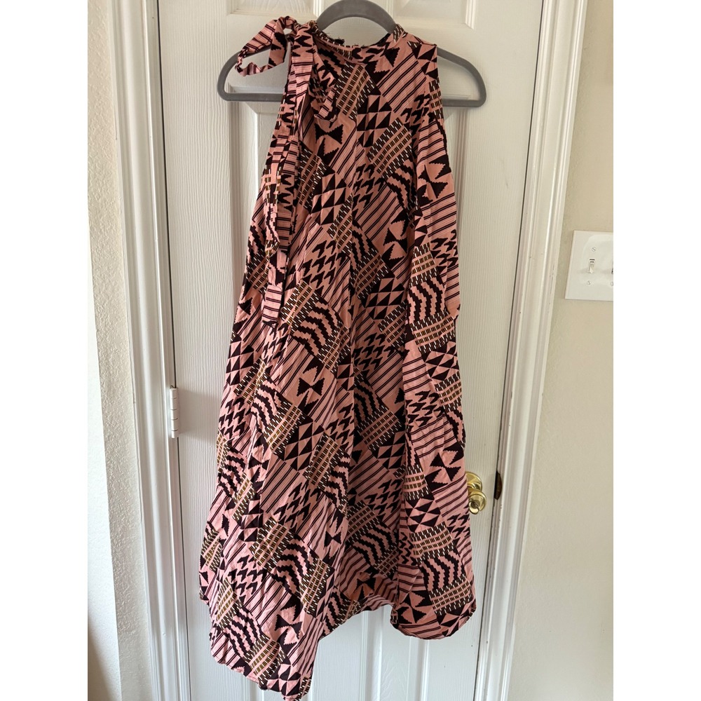 Geometric One Shoulder Tie Dress Pink Black‎ Tribal Print Balloon Hem Sleeveless